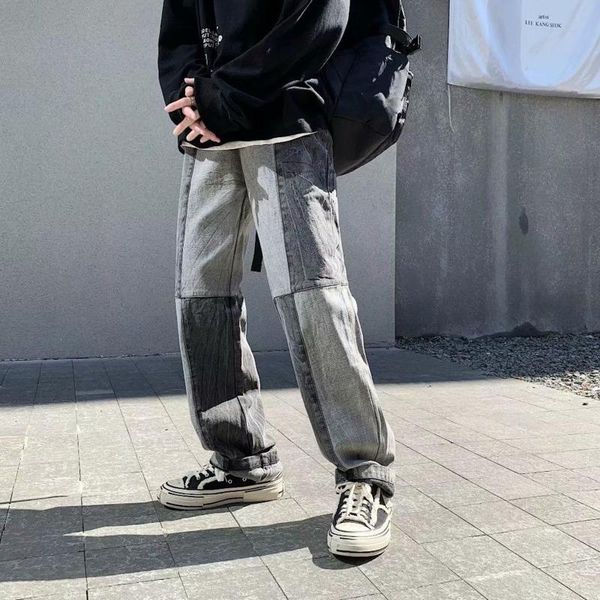 

men's jeans 2021 autumn slim pure color retro street reflective splice relaxed casual personality youth wear, Blue