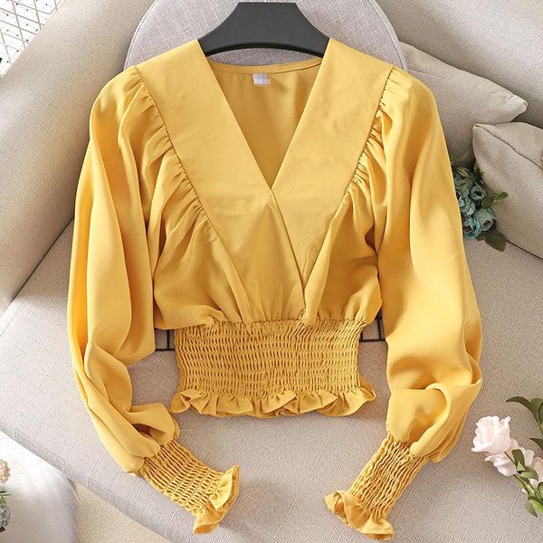 

women 2021 spring new long lantern sleeve blouses female fashion soild color v-neck short shirts ladies slim casual x42, White