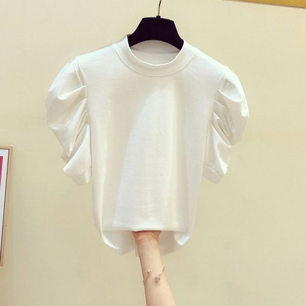 

2021 spring new t-shirt ladies bubble sleeve white round neck t-shirts short-sleeved slim kroean fashion black tee fbyf