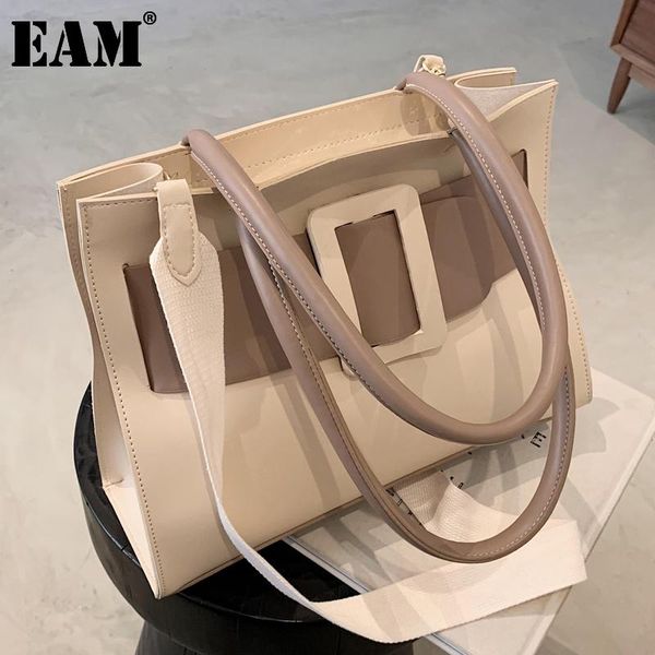 

shoulder bags [eam] women contrast colors large tote bag pu leather flap personality all-match crossbody fashion 2021 18a1292