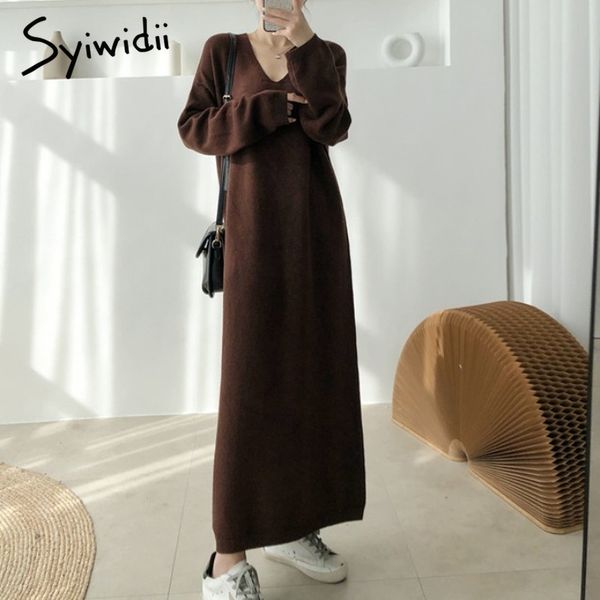 

syiwidii dress women ribbed knitted v neck straight long dress loose sweater casual dresses solid women clothes beige blue 201126, Black;gray