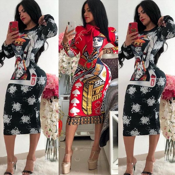 

2020 autumn long sleeve o neck playing cards vintage print dresses women bandage nightclub midi dress, Black;gray