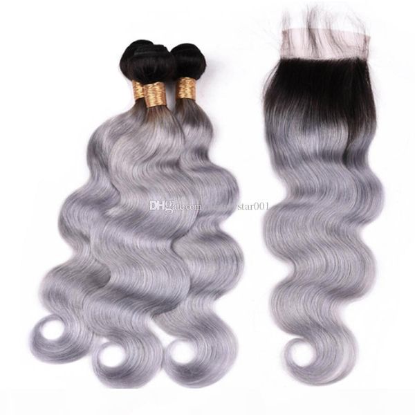 

ombre 1b gray remy human hair bundles with closure body wave grey peruvian human hair 3 bundles with lace closure, Black;brown