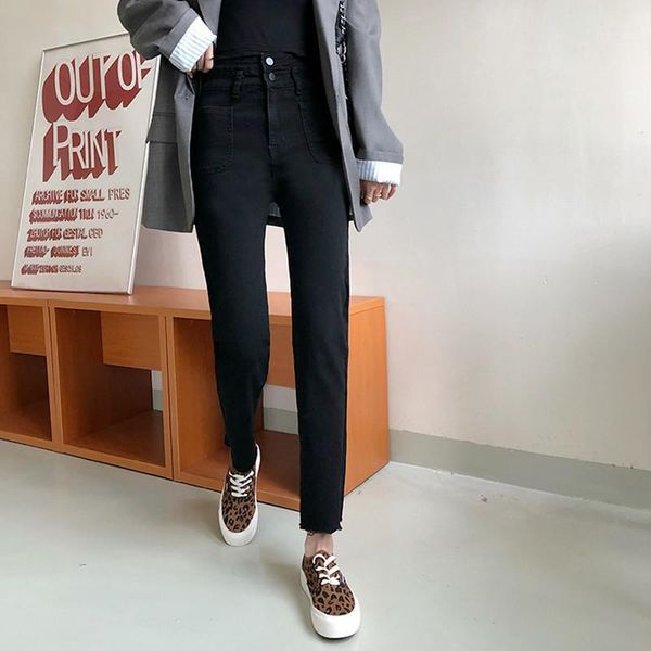 

2 colors s-xl autumn korean style high waist skinny jeans for womens double buttons elastic denim pants womens (72819)1, Blue
