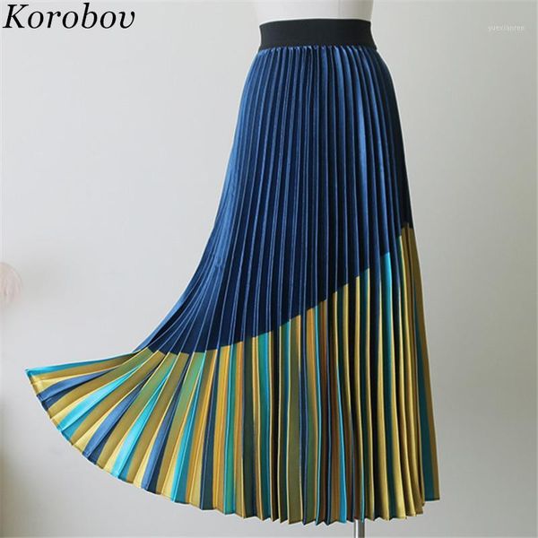 

korobov blue yellow patchwork shiny saia falda a-line female skirts vintage pleated silk mid women print skirt 769581, Black