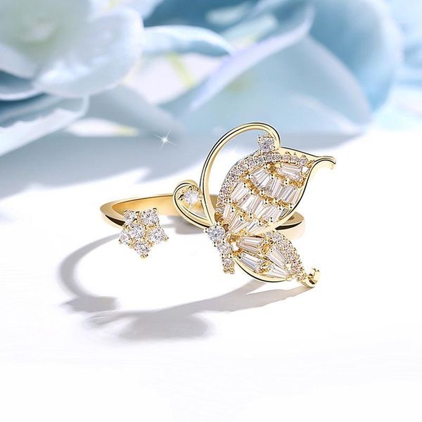 

Korean new design fashion jewelry smart fairy copper inlaid zircon butterfly flower opening adjustable female prom party ring1, Golden;silver