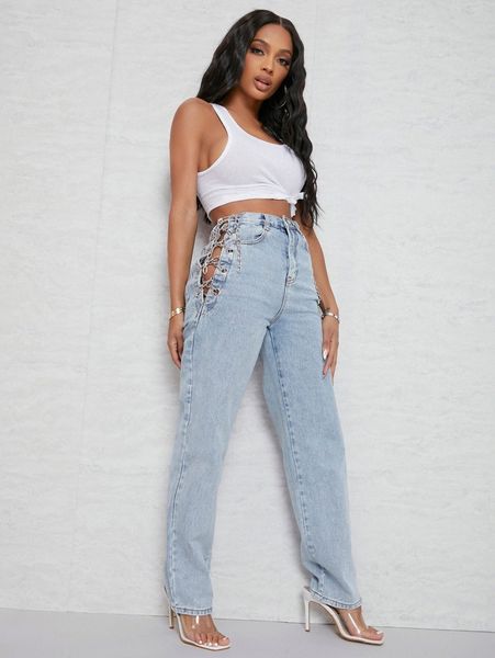 

sxy high waist eyelet chain detail jeans o97s#, Blue