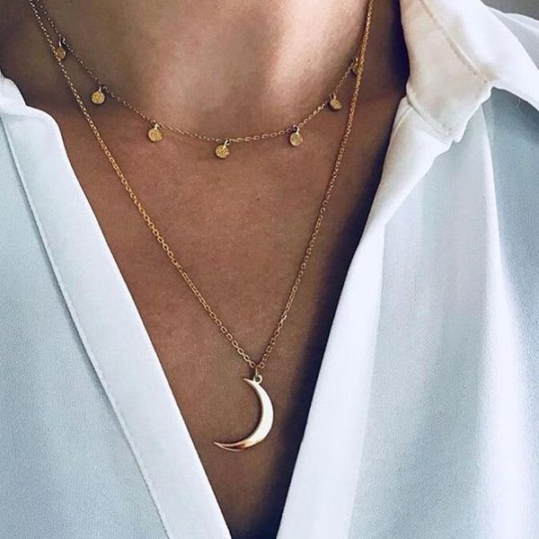 

chains moon pendant necklace for wedding party multilayer gold metal sequin jewelry gift, Silver