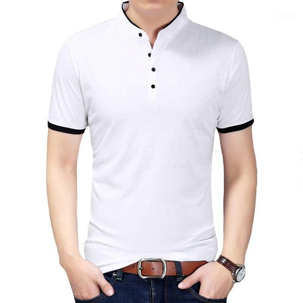 

2020 summer solid stand collar shirt men short sleeve casual men shirts slim fit homme cotton mens polos1, White;black