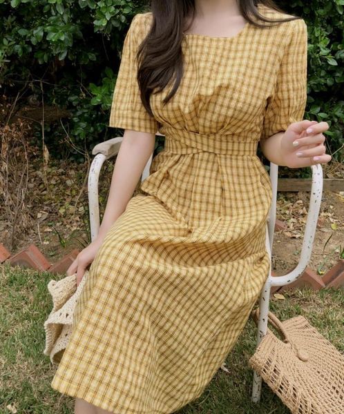 

casual dresses summer dress women cotton linen half sleeve female o neck plaid yellow boho robe femme vestido, Black;gray