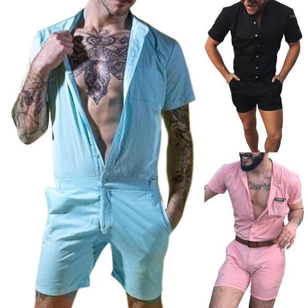 

men fashion solid color short sleeve buttons pockets jumpsuit romper shorts1, Gray