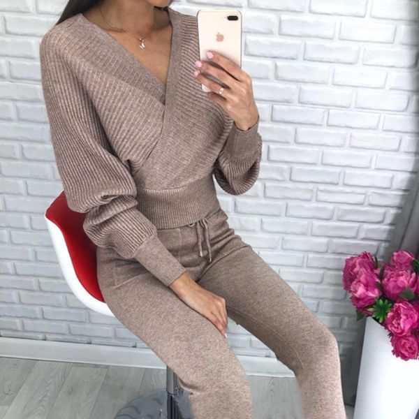 

taotrees women knit suit casual knitted sweaters pants 2pcs set cross v-neck batwing sleeve jumpers and trouser sets c1103, Gray