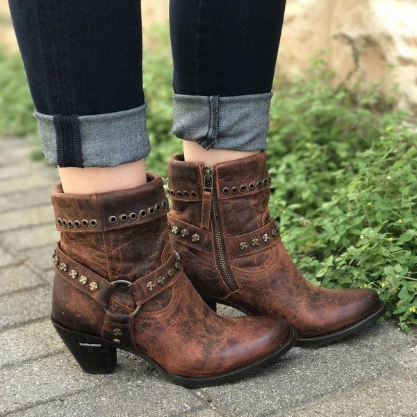 

2020 women's retro pu leather ankle boot autumn winter women zip mid heel woman rivet pump ladies footwear female shoe plus size, Black