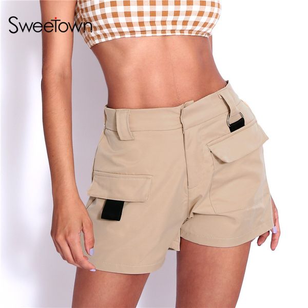 

sweetown casual korean shorts women high waisted straight shorts solid zipper fly pocket short loose women summer short 2019 y200512, White;black
