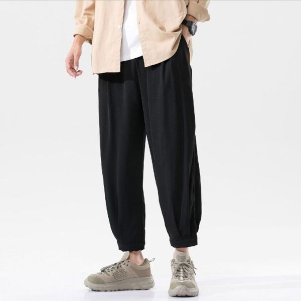 

men's pants summer thin ice silk drape trousers hip hop cropped quick-drying nine-point, Black