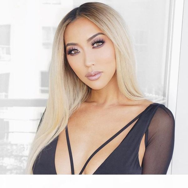 

chinese human hair glueless wig 1b 613 ombre silky straight blond custom hairline baby hair full lace wig 150%density two tone, Black;brown