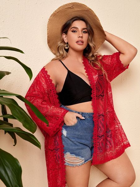 

plus open front sheer scallop lace kimono s9an#, Black