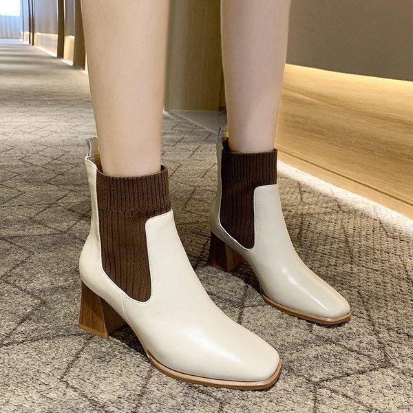 

boots ankle thick heel women high square toe wood short booties for shoes winter 2021 black beige