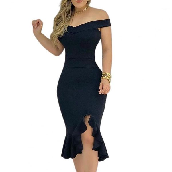 

women dress polyester off shoulder split ruffle solid color plaid bodycon knee-length dress woman fashion 2021 femme robe1, Black;gray