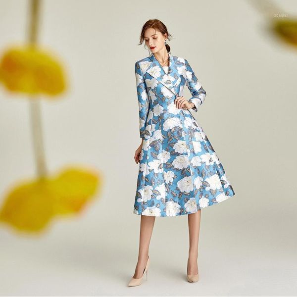 

2020 new autumn floral trench coat women turn down collar big swing elegant overcoat office lady wear large size1, Tan;black