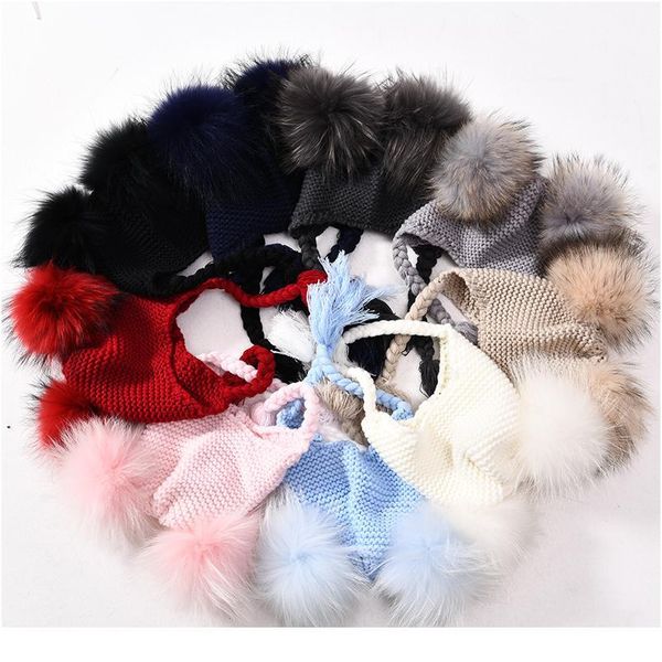 

kids real fur pom pom hat baby winter crochet earflap hat girls boys knitted beanie double two real fur pompom jllxbl, White