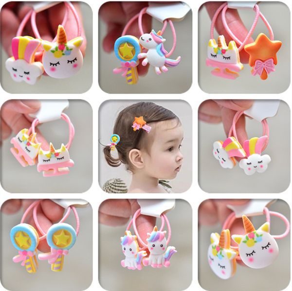 

2pcs cartoon cute rainbow white horse princess headwear kids elastic hair bands children ropes girls accessories baby headdress