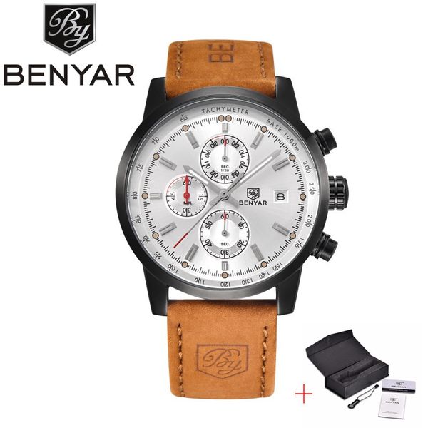 

benyar new fashion chronograph genuine leather sport mens watches brand luxury military quartz watch clock relogio masculino, Slivery;brown