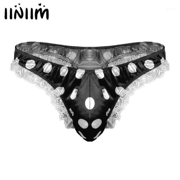 

iiniim mens lingerie shiny panties high cut sissy ruffle lace polka dots jockstraps bulge pouch bikini g-string thong underwear1, Black;pink