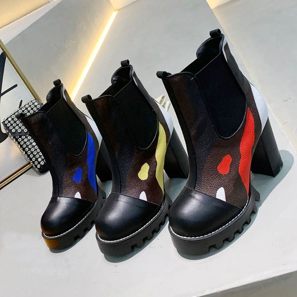 

2021australia womens high-heel platform boots camouflage printed calfskin and canvas leather winter combat ankle booties, Black