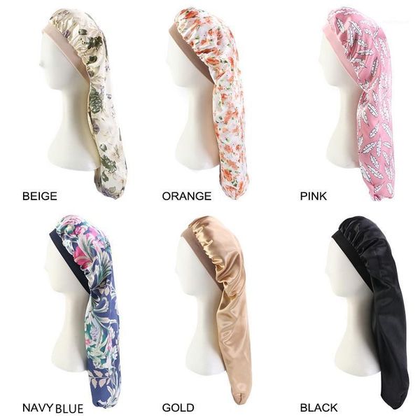 

silky satin baggy sock sleep cap women print night hat turban wrap long hair headcover elastic band headwrap headwear headscarf1, Blue;gray