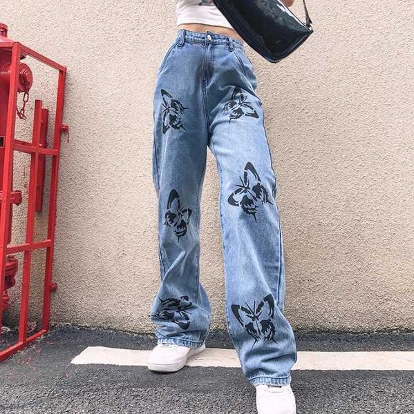 

yoosula butterfly pattern baggy denim pants women korean fahion high waist wide leg trousers casual loose plus size streetwear1, Blue