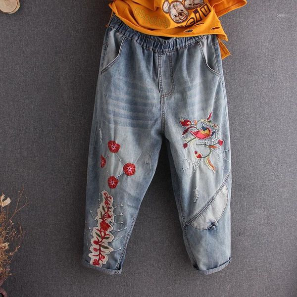 

plus size national wind embroidery flowers ripped women jeans denim harem pants jogger casual loose elastic waist trouser pants1, Blue