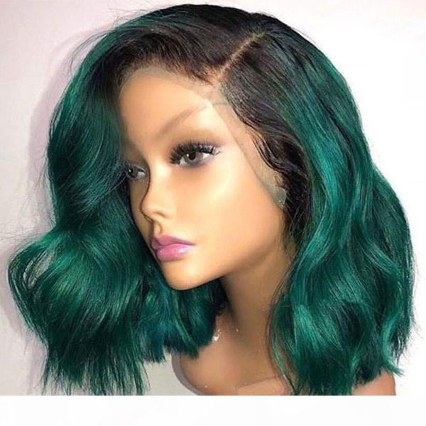 

black dark green short bob hair synthetic lace front wig body wavy wigs with natural hairline for women glueless heat resistant fiber hair