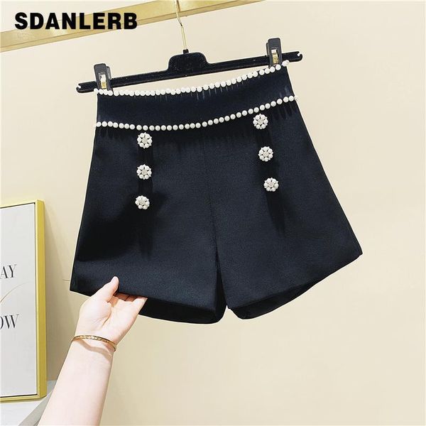 

shorts female summer heavy beaded double breasted high waist slimming wide leg trousers ladies all-match shirts white black1, White;black