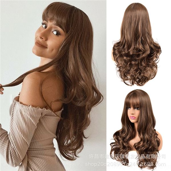 

sigxi long curly hair big wave fashion air bangs chemical fiber wig imitation wig cover cover simulation scalp, Black