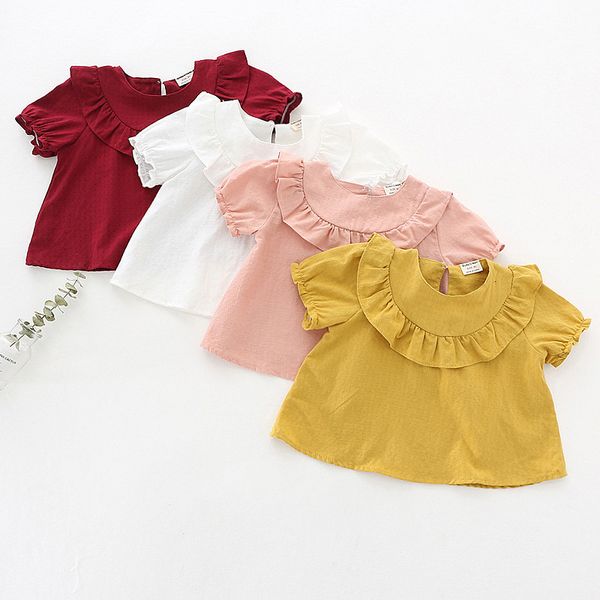 

summer new arrival kids girls clothing selling short sleeve solid color shirt baby kids o-neck girl shirt, White;black