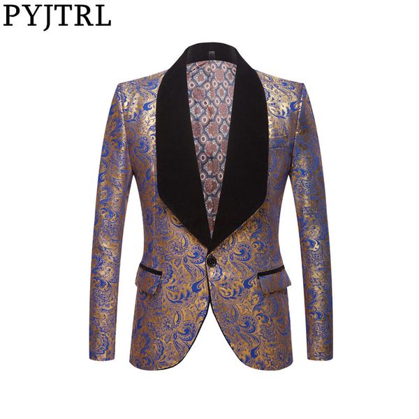 PYJTRL Männer Mode Schwarz Blau Rot Gold Blumenmuster Druck Schal Revers Slim Blazer Hochzeit Bräutigam Prom Kleid Anzug Jacke Kostüm LJ201103