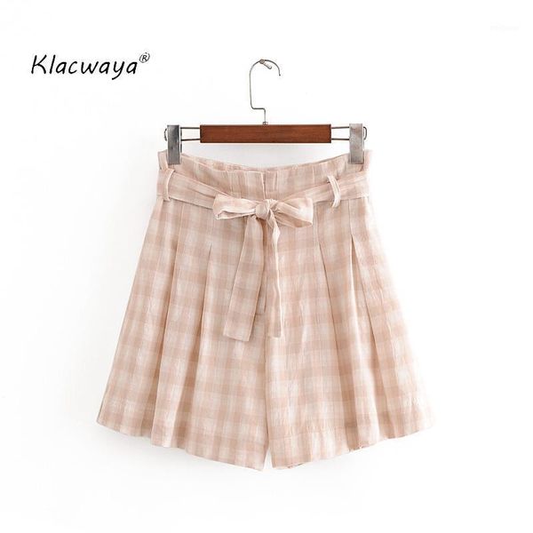 

klacwaya plaid shorts shirts 2021 summer fashion ladies sashes draped loose shorts skirt chic girls england style1, White;black