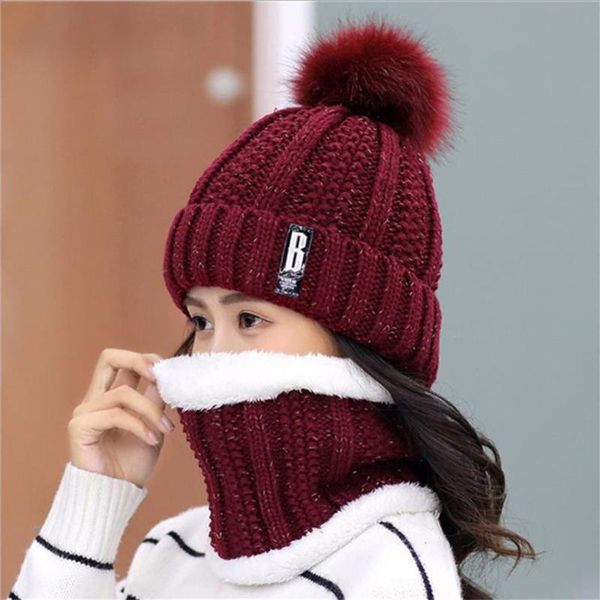 

anti-fog hats women winter beanies thicker bib mask skullies beanie hats dustproof female warm knitted wool cap scarf set, Blue;gray