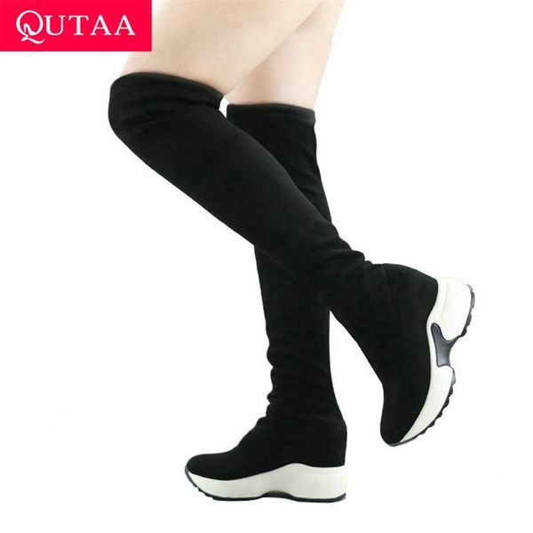 

qutaa stretch fabrics over the knee boots height increasing round toe women shoes autumn winter casual long boots size34-43 y200114, Black