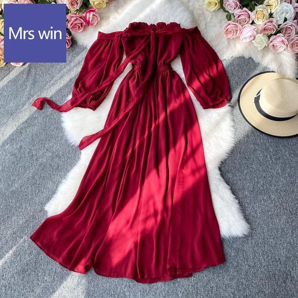 

neploe slash neck shoulder strapless lace up slim waist dress 2021 autumn a-line femme vestidos fashion big swing dresses women1, Black;gray