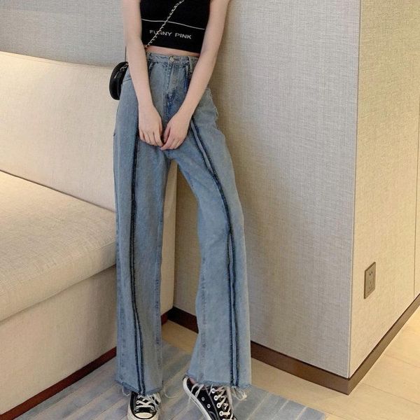 

alien women loose fashion high waist jeans chic stylish pants straight color-hit casual slender denim cowboy, Blue