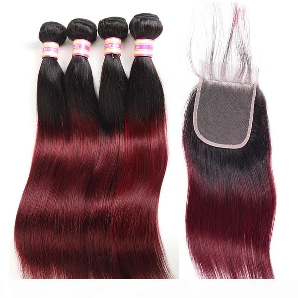 

1b 99j ombre bundles with closure siyusi colored human hair red brazilian straight virgin hair 3 bundles with closure, Black;brown