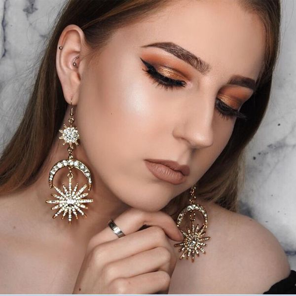 

rhinestone big sun punk moon earrings drop for women jewelry golden boho vintage statement earring 9jne, Golden;silver