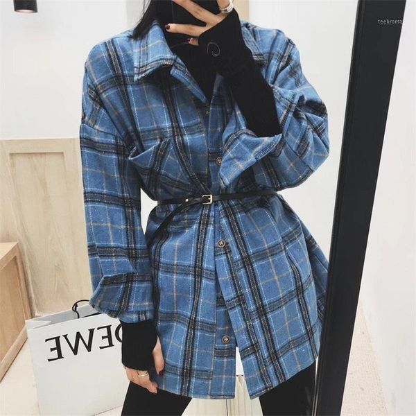 

autumn winter women plaid loose woolen coat jacket pocket overcoat casual warm large size outwear female shirt1 women's jackets, Black;brown
