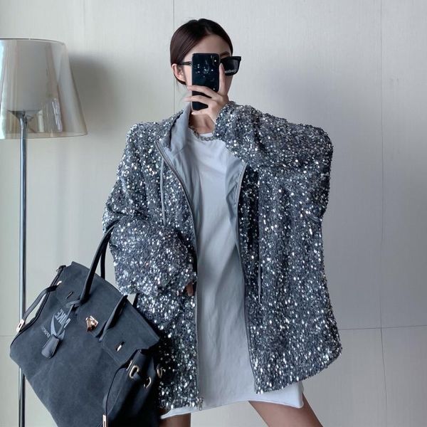 

women's wool & blends 2021 heavy industry sequin coat hooded long sleeve top, Black