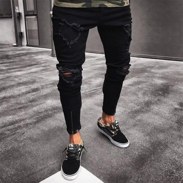 

mens jeans cool designer brand black ripped ripped stretch jeans slim fit hop pants with holes for men, Blue