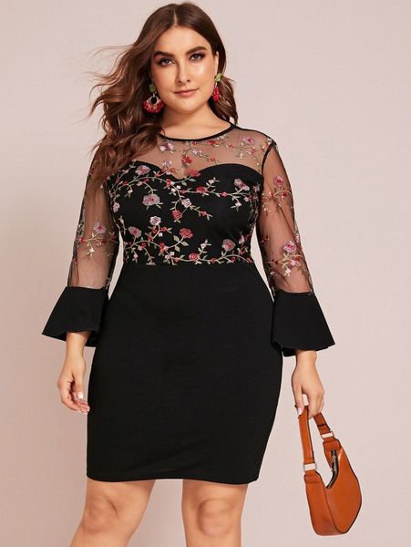 

plus embroidery mesh bodice ruffle cuff bodycon dress y6sb#, Black