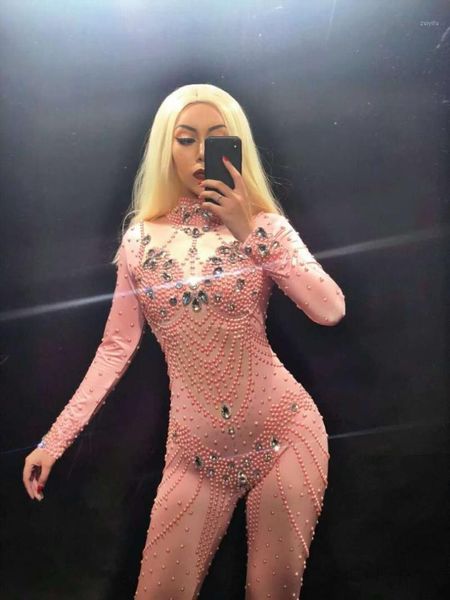 

women sparkly rhinestone pink pearls jumpsuit stones stretch bodysuit birthday celebrate stage performance costum1, Black;white