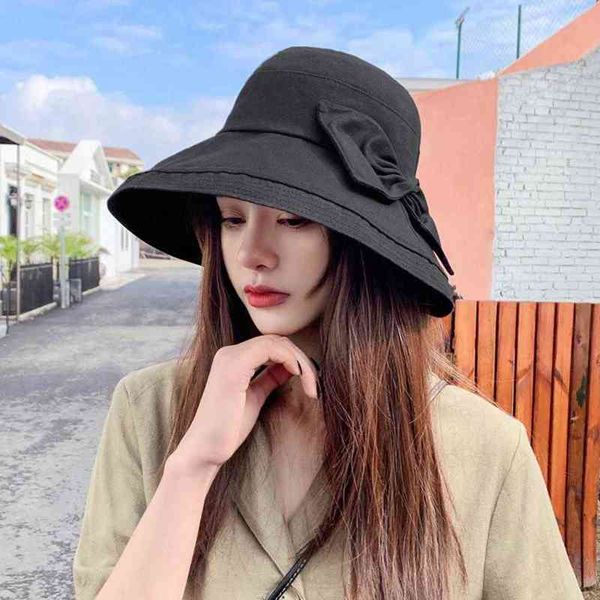 

women solid color bowknot wide brim uv protection summer anti-uv upf 50+ sun hat bucket cap g220311, Blue;gray